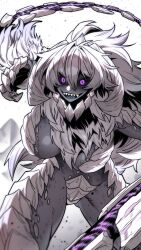 Rule 34 | 1girl, 2025, arkveld, arm up, backward-facing horns, big hair, blue eyes, blurry, breasts, capcom, chin spike, clawed hands, claws, colored skin, commentary, depth of field, dragon girl, dragon horns, female focus, fighting stance, glowing, glowing eyes, gluteal fold, gradient scales, grey hair, grey scales, grey skin, hashtag-only commentary, highres, horns, long hair, looking at viewer, monster girl, monster hunter (series), monster hunter wilds, motion blur, muscular, muscular female, navel, open mouth, personification, pinkboy, purple eyes, scales, serious, sharp teeth, simple background, slit pupils, solo, spiked wings, tail, teeth, thick thighs, thighs, upper teeth only, white background, white fur, white scales