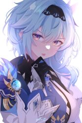 1girl artist_name black_gloves black_hairband blue_hair breasts eula_(genshin_impact) genshin_impact gloves hair_between_eyes hair_ornament hairband hand_on_own_chin highres lips long_sleeves looking_at_viewer looking_to_the_side medium_breasts medium_hair messy_hair purple_eyes solo upper_body vision_(genshin_impact) white_background wide_sleeves yelicit