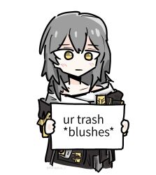1girl black_jacket blush chibi closed_mouth collarbone commentary cropped_torso english_commentary english_text engrish_text expressionless grey_hair highres holding holding_sign honkai:_star_rail honkai_(series) jacket looking_at_viewer ranguage shirt sign simple_background solo spoken_blush stelle_(honkai:_star_rail) trailblazer_(honkai:_star_rail) tunaplus_c twitter_username white_background white_shirt yellow_eyes