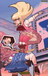 2girls absurdres blonde_hair blue_shorts blue_sweater blush brown_hair cherry_blossoms commentary dress emilie_de_rochefort english_commentary french_text highres kazama_asuka long_hair multiple_girls nialistically petals pink_dress short_hair shorts standing_on_another&#039;s_head subtitled sweater tears tekken tekken_8 translated