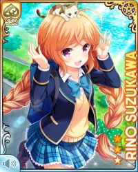 1girl ahoge bow bowtie braid brown_hair card_(medium) cat cat_smile character_name flower girlfriend_(kari) hair_ribbon looking_at_animal official_art plaid_clothes plaid_skirt pleated_skirt purple_eyes qp:flapper ribbon school_uniform shoes skirt socks solo standing standing_on_one_leg suzukawa_rino twin_braids