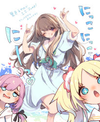 Rule 34 | 3girls, ;q, ahoge, anyoji hime, aqua neckerchief, arms up, black ribbon, blonde hair, blue dress, blue eyes, blue hair, blunt bangs, blush, brown hair, brown shoes, chestnut mouth, closed mouth, commentary request, dress, drooling, flower, foot out of frame, fujishima megumi, gradient hair, hair flower, hair ornament, hair ribbon, hamayumiba sou, hasu no sora school uniform, heart, highres, hood, hooded jacket, jacket, jitome, leg up, light blue hair, link! like! love live!, loafers, long hair, looking at viewer, love live!, love live! school idol project, m/, medium dress, mira-cra park!, multi-tied hair, multicolored hair, multiple girls, neckerchief, nico nico nii, one eye closed, open mouth, osawa rurino, parted bangs, pink flower, pink hair, pleated dress, ponytail, puffy short sleeves, puffy sleeves, purple eyes, ribbon, sailor collar, sailor dress, saliva, school uniform, shoes, short sleeves, sidelocks, smile, split mouth, summer uniform, swept bangs, tongue, tongue out, translation request, twintails, two side up, v-shaped eyebrows, virtual youtuber, white jacket, white sailor collar
