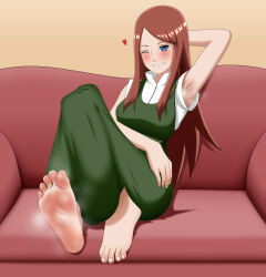 1girl absurdres armpits barefoot blue_eyes blush couch feet highres long_hair looking_at_viewer mature_female naruto_(series) one_eye_closed parted_lips red_hair smile soles steam tatsueater toes uzumaki_kushina wink