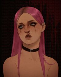 1girl blood blue_eyes dead_by_daylight highres makeup nude pink_hair shaded_face signature simple_background solo susie_lavoie vivi_llain