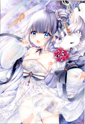 1girl :o azur_lane blue_bow blue_eyes bouquet bow breasts choker cleavage dated detached_sleeves dot_nose dress earrings flower frilled_choker frilled_sleeves frills hair_bow hand_up highres jewelry looking_at_viewer lowleg lowleg_panties medium_breasts medium_hair mosho open_mouth panties puffy_sleeves red_flower red_rose rose see-through_clothes see-through_skirt see-through_sleeves short_dress signature skindentation skirt sky smile star_(sky) starry_sky strapless strapless_dress traditional_media underwear unicorn unicorn_(azur_lane) white_dress white_hair white_panties