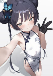 1girl absurdres alternate_color armpits black_gloves black_hair blue_archive breasts china_dress chinese_clothes closed_mouth commentary_request double_bun dragon_print dress eco_376124 gloves grey_eyes grey_halo hair_bun halo highres kisaki_(blue_archive) looking_at_viewer pelvic_curtain selfie small_breasts solo twintails white_dress