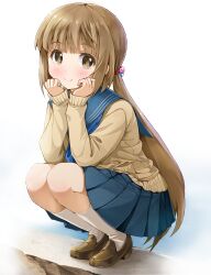Rule 34 | 1girl, blue neckerchief, blue sailor collar, blue skirt, blush, brown eyes, brown hair, brown sweater, hair bobbles, hair ornament, hands on own chin, highres, idolmaster, idolmaster cinderella girls, idolmaster cinderella girls starlight stage, kneehighs, loafers, long hair, long sleeves, looking at viewer, michii yuuki, neckerchief, pleated skirt, ponytail, sailor collar, shoes, skirt, smile, socks, solo, squatting, sweater, very long hair, white socks, yorita yoshino
