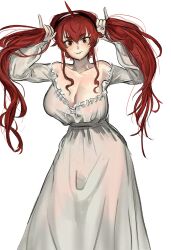 1girl alternate_hairstyle bare_shoulders breasts bunching_hair cleavage commentary dress eris_greyrat highres holding holding_own_hair huge_breasts kkghost_tv long_hair long_sleeves looking_at_viewer mushoku_tensei off-shoulder_dress off_shoulder red_eyes red_hair see-through_clothes see-through_dress simple_background smile solo twintails upright_ahoge white_background white_dress