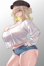 1girl absurdres black_hat blonde_hair blue_shorts blush breasts cleavage doro_(nikke) elegg_(nikke) erufura goddess_of_victory:_nikke gradient_background grey_background hair_ornament hair_over_eyes hands_on_own_hips hat highres huge_breasts medium_hair open_mouth pink_eyes plump shirt shorts simple_background smile solo two_side_up white_shirt
