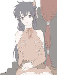 1boy 1girl belt black_hair breasts closed_mouth detached_sleeves dress final_fantasy final_fantasy_unlimited highres kuroki_kaze lips lisa_pacifist long_hair mochiccco ponytail simple_background skirt white_background