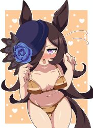 1girl absurdres animal_ears bikini black_hair blue_flower blue_hat blue_rose blush breasts commentary cowboy_shot dress flower flying_sweatdrops frown gold_bikini hair_over_one_eye half-closed_eyes halter_dress halterneck hat hat_flower heart highres horse_ears horse_girl horse_tail ken725011186 leaning_forward long_hair looking_at_viewer medium_breasts navel open_mouth orange_background outline purple_eyes rice_shower_(umamusume) rose solo standing string_bikini swimsuit tail thigh_gap tilted_headwear umamusume white_outline