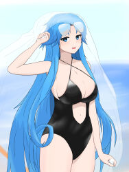 1girl absurdres azur_lane beach black_one-piece_swimsuit blue_eyes blue_hair breasts cleavage clothing_cutout criss-cross_halter eyewear_on_head halterneck hand_up highres large_breasts long_hair looking_at_viewer myst_picture navel navel_cutout official_alternate_costume one-piece_swimsuit outdoors parted_bangs parted_lips smile solo sovetskaya_belorussiya_(azur_lane) sovetskaya_belorussiya_(ripples_and_a_fluttering_veil)_(azur_lane) sunglasses swimsuit very_long_hair water