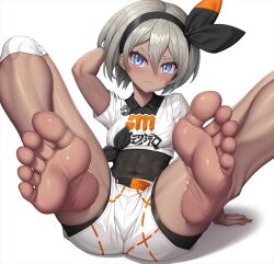 1girl abs barefoot bea_(pokemon) black_bodysuit blush bodysuit bodysuit_under_clothes breasts covered_navel cropped_shirt dark-skinned_female dark_skin feet grey_eyes grey_hair hairband knee_pads lambda_(kusowarota) looking_at_viewer medium_breasts nintendo pokemon pokemon_swsh shirt short_hair short_sleeves shorts soles solo spread_legs white_shirt white_shorts wristband