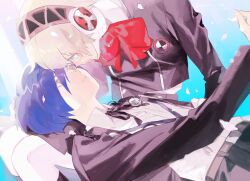 1boy 1girl aigis_(persona) android black_jacket black_ribbon black_shirt blonde_hair blue_background blue_hair bow collared_shirt crying crying_with_eyes_open eye_contact falling_petals full_body gekkoukan_high_school_uniform hairband hand_up highres jacket lap_pillow long_sleeves looking_at_another meameeea metal_hairband neck_ribbon open_clothes open_jacket persona persona_3 petals red_bow ribbon robot_ears robot_girl sakura_kyoko school_uniform shirt short_hair sitting tears white_shirt yuuki_makoto_(persona_3)