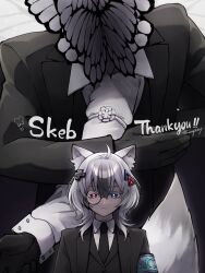 1boy 1girl ahoge animal_ear_fluff animal_ears animal_head armband black_coat black_necktie bug butterfly cat_ears closed_mouth coat employee_(project_moon) funeral_of_the_dead_butterflies grey_armband hair_ornament heterochromia highres insect lapels lobotomy_corporation looking_at_viewer medium_hair multicolored_hair necktie notched_lapels nugget_(project_moon) original plus_sign_ornament project_moon streaked_hair triangle_hair_ornament white_butterfly white_hair yatsumeunagi