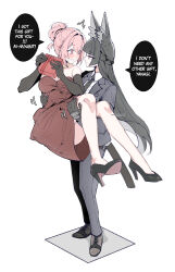 2girls absurdres alternate_costume animal_ears artist_name black_gloves black_hair blush breasts carrying closed_mouth dailymiyanagi dress elbow_gloves english_text eye_contact formal_clothes fox_ears fox_girl full_body gift gloves highres holding holding_gift hoshimi_miyabi jewelry long_hair looking_at_another multiple_girls necklace open_mouth pink_eyes pink_hair princess_carry red_eyes smile speech_bubble suit tsukishiro_yanagi yuri zenless_zone_zero
