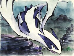 animal_focus black_eyes bubble creatures_(company) full_body game_freak gen_2_pokemon highres legendary_pokemon lugia metikyun nintendo no_humans open_mouth pokemon pokemon_(creature) rock solo swimming tail underwater water wings