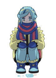 1boy aqua_hair aqua_pants blue_boots blue_mittens blue_scarf boots commentary_request dropped_food eyelashes food full_body grusha_(pokemon) hands_on_own_knees jacket long_sleeves looking_down male_focus min_(myna8247) mittens nintendo pants pokemon pokemon_sv popsicle scarf simple_background solo squatting striped_clothes striped_scarf white_background yellow_jacket
