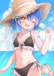 1girl absurdres amamiya_kokoro beach bikini black_bikini blue_hair blush breasts cloud collarbone day earrings fang food frilled_bikini frills front-tie_top hair_between_eyes happy hat highres holding holding_food holding_popsicle ice_cream jewelry looking_at_viewer matcha_november medium_hair navel nijisanji ocean one_eye_closed open_mouth popsicle side-tie_bikini_bottom single_earring skin_fang solo standing standing_on_one_leg sun_hat swimsuit virtual_youtuber yellow_eyes