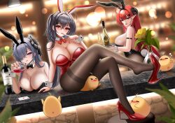 &gt;_&lt; 3girls absurdres ace_(playing_card) ace_of_hearts alternate_costume animal_ear_hairband animal_ears arm_strap august_von_parseval_(azur_lane) azur_lane bare_shoulders black_hair black_horns black_leotard black_pantyhose blurry blurry_background blush bottle bow bowtie breasts card clover_hair_ornament collarbone crossed_legs cup curled_horns detached_collar drinking_glass extreme_dangling fake_animal_ears fake_tail flower forward_facing_horns four-leaf_clover_hair_ornament from_side full-face_blush full_body hair_ornament hairband heart high_heels highres hindenburg_(azur_lane) hindenburg_(delirious_duel)_(azur_lane) holding holding_tray horns huge_breasts large_breasts leotard long_hair looking_at_viewer manjuu_(azur_lane) mechanical_horns multiple_girls official_alternate_costume pantyhose playboy_bunny playing_card pointy_ears pouring pouring_onto_self rabbit_ear_hairband rabbit_ears rabbit_tail red_bow red_bowtie red_eyes red_hair red_shoes shoe_dangle shoes sitting standing stiletto_heels strapless strapless_leotard taihou_(azur_lane) tail thighband_pantyhose tray vase very_long_hair white_wrist_cuffs wine_bottle wine_glass wrist_cuffs yellow_flower zekong_pioneer
