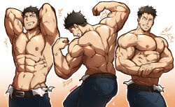 Rule 34 | 1boy, abs, absurdres, akitaru oubi, armpits, arms behind head, back, bara, belt, black hair, commentary, double biceps pose, en&#039;en no shouboutai, english commentary, flexing, highres, kuroshinki, large pectorals, male focus, multiple views, muscular, muscular male, navel, nipples, pectorals, short hair, simple background, topless male, undercut, veins, veiny arms