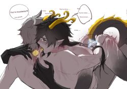 2boys blush crying crying_with_eyes_open cum cum_on_body cum_on_lower_body dragon_horns dragon_tail english_text genshin_impact highres horns multiple_boys pointy_ears sex speech_bubble tail tartaglia_(genshin_impact) tears tongue tongue_out twitter white_background yaoi zhongli_(genshin_impact) zyzzzyy