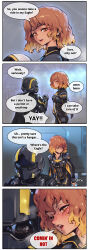 1girl absurdres aircraft_hanger black_visor blush eagle_1_(helldivers) english_text freckles helldiver_(helldivers) helldivers_(series) helmet highres orange_hair phantom_ix_row pilot_helmet sexually_suggestive speech_bubble super_earth_salute_(helldivers)