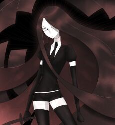 Rule 34 | 1other, absurdly long hair, black background, black eyes, black gloves, black necktie, black shorts, black suit, black thighhighs, bort, brown hair, closed mouth, colored skin, elbow gloves, expressionless, formal clothes, gallaxi, gem uniform (houseki no kuni), gloves, highres, holding, holding sword, holding weapon, houseki no kuni, katana, long hair, looking to the side, necktie, other focus, outer glow, short sleeves, shorts, solo, suit, sword, thighhighs, thighs, very long hair, weapon, white skin