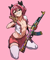 1boy ak-47 assault_rifle astolfo_(fate) black_bow bow brown_gloves commentary counter-strike_(series) counter-strike_2 crossdressing english_commentary fate_(series) full_body gloves grin gun hair_bow highres holding holding_gun holding_weapon hugo_(rushbordie) kalashnikov_rifle looking_at_viewer male_focus navel open_clothes open_shirt pectoral_cleavage pectorals pink_background pink_eyes pink_hair pink_skirt rifle shirt short_hair short_sleeves simple_background sitting skirt smile solo thighhighs weapon white_shirt white_thighhighs zettai_ryouiki