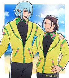 2boys ^_^ adventurer_(ff14) arm_around_shoulder beach black_bodysuit blush bodysuit brown_hair closed_eyes cloud commentary_request covered_pectorals cowboy_shot elezen elf es_denkt final_fantasy final_fantasy_xiv grin hand_on_own_hip haurchefant_greystone highres hume jacket long_sleeves male_focus multiple_boys ocean official_alternate_costume open_mouth partially_unzipped pectorals pointy_ears ponytail short_ponytail skin_tight sky smile summer sun teeth twitter_username upper_teeth_only warrior_of_light_(ff14) water yellow_jacket