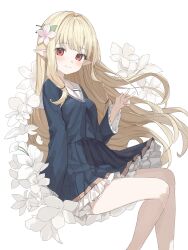 1girl black_shirt black_skirt black_sleeves blonde_hair blush breasts choppy_bangs closed_mouth commentary commission feet_out_of_frame flower flower_request frilled_skirt frills hair_flower hair_intakes hair_ornament hand_up highres karyln long_hair long_sleeves looking_at_viewer miniskirt original pleated_skirt pointy_ears red_eyes shirt simple_background sitting skirt skirt_set small_breasts smile solo v very_long_hair white_background white_flower