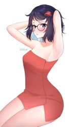 1girl armpits arms_up artist_name black-framed_eyewear blue_eyes blue_hair blush breasts claw_hair_clip collarbone glasses highres keipup looking_at_viewer medium_breasts mila_(miside) miside mita_(miside) naked_towel short_hair simple_background sitting solo thighs towel white_background
