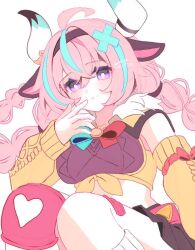 1girl ahoge animal_ears aqua_hair braid breasts bright_pupils closed_mouth cow_ears cow_girl cow_horns food food_on_face fur_trim genshin_impact hair_ornament horns long_hair looking_at_viewer multicolored_hair pink_hair purple_eyes simple_background solo streaked_hair touka_(pixiv71609120) twin_braids varesa_(genshin_impact) white_background white_pupils x_hair_ornament