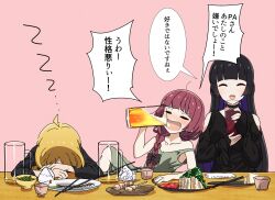 3girls :d absurdres ahoge alcohol beer beer_mug black_bow black_choker black_dress black_hair black_shirt blonde_hair blush bocchi_the_rock! bow braid choker colored_inner_hair commentary cup dress drinking drunk fang fish_skeleton food goumonsha green_dress hair_bow head_on_table highres hime_cut hiroi_kikuri ijichi_seika long_hair mug multicolored_hair multiple_girls onion open_mouth pa-san pink_background plate purple_hair shirt single_braid skewer sleeping smile tomato tomato_slice translation_request zzz