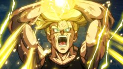 1boy angry aura blonde_hair dragon_ball green_eyes highres lightning masenko muscular muscular_male scratches serious solo spiked_hair super_saiyan tank_top trunks_(dragon_ball) trunks_(future)_(dragon_ball)