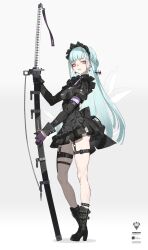 1girl aqua_hair black_dress boots breasts commentary_request dress earrings frilled_dress frills fukashin_ryouiki_(neco) full_body gloves gothic_lolita hair_ornament hairband highres holding holding_sword holding_weapon jewelry juliet_sleeves lolita_fashion lolita_hairband long_hair long_sleeves looking_at_viewer medium_breasts neco pink_eyes pleated_skirt puffy_sleeves skirt solo standing sword weapon