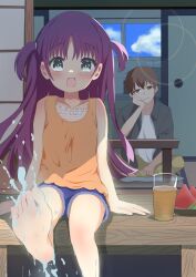 +_+ 1boy 1girl :d bare_arms bare_shoulders barefoot blue_shorts blush brown_eyes brown_hair camisole child closed_mouth collarbone commentary day fang feet food foot_out_of_frame fruit glass grey_eyes hair_between_eyes happy highres indian_style indoors juice katou_umi lens_flare long_hair looking_at_viewer open_mouth orange_camisole outstretched_leg pink_hair shirt short_hair shorts sitting skin_fang smile soaking_feet soles solo_focus spiked_hair summer_pockets takahara_hairi toes two_side_up user_mdwy4255 water water_drop watermelon watermelon_slice white_shirt