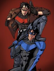 bat_signal batman_(series) batman_symbol black_bodysuit black_gloves black_hair bodysuit brothers brown_jacket dc_comics dick_grayson domino_mask gloves grey_bodysuit highres holding jacket jason_todd jjangpeoboi male_focus mask multicolored_hair multiple_boys muscular muscular_male nightwing open_clothes pants red_hood_(dc) red_hood_and_the_outlaws shirt short_hair siblings superhero_costume taut_bodysuit two-tone_bodysuit