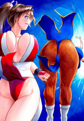 2girls absurdres aoizayou ass battle bent_over breasts breasts_apart capcom capcom_vs_snk_(series) capcom_vs_snk_2 china_dress chinese_clothes chun-li crossover dress fatal_fury female_focus highres large_breasts legs leotard long_hair looking_at_another multiple_girls ninja panties pelvic_curtain shiranui_mai snk_vs_capcom_svc_chaos street_fighter thighs underwear upskirt