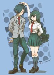 Rule 34 | 1boy, 1girl, arms behind back, asui tsuyu, blue background, blue hair, boku no hero academia, collared shirt, commentary request, full body, green hair, hair between eyes, hair over one eye, highres, long hair, necktie, nikoban, red necktie, school uniform, shirt, short hair, skirt, smile, socks, twitter username, white shirt