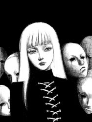 1girl black_background greyscale highres long_hair looking_at_viewer lying mask monochrome on_back original pile solo tp_p_pt white_hair