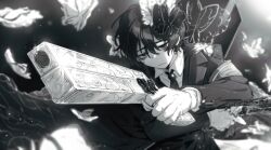 Rule 34 | 1boy, akantai, animal print, armband, bags under eyes, black butterfly, black coat, black eyes, black hair, black suit, bug, butterfly, butterfly hair ornament, coat, collared shirt, dual wielding, e.g.o (project moon), formal clothes, gloves, grey armband, greyscale, gun, hair ornament, highres, holding, holding gun, holding weapon, insect, limbus company, looking at viewer, monochrome, necktie, project moon, shirt, solemn lament (e.g.o), solo, suit, too many, too many butterflies, weapon, white butterfly, white gloves, white shirt, yi sang (project moon)