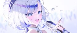 1girl absurdres bare_shoulders blue_eyes blue_hat blue_nails blue_streaks blurry blurry_background blush clothing_cutout finger_gun hat hebi_(vtuber) highres holding holding_microphone indie_virtual_youtuber jewelry lace-trimmed_sleeves lace_trim looking_at_viewer microphone multicolored_hair open_mouth poni13101 ribbon ring shoulder_cutout solo streaked_hair tears virtual_youtuber white_hair wireless_microphone