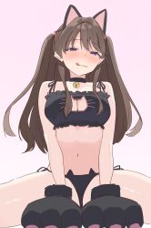 1girl :3 :q alternate_costume animal_ears animal_hands bare_shoulders black_bra black_panties blush bra breasts brown_hair cat_cutout cat_ear_panties cat_ears cat_lingerie cat_paws cleavage cleavage_cutout clothing_cutout cowboy_shot frilled_bra frills fujishima_megumi gloves hair_intakes half-closed_eyes highres large_breasts link!_like!_love_live! love_live! meme_attire nose_blush panties paw_gloves pink_background potu_sabu purple_eyes seductive_smile side-tie_panties simple_background smile solo string_bra string_panties tongue tongue_out two_side_up underwear underwear_only virtual_youtuber