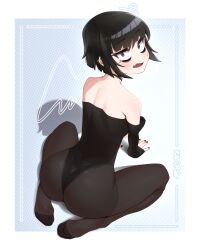 1girl absurdres all_fours ass black_choker black_hair black_leotard black_nails black_pantyhose brown_eyes choker fang highres leotard looking_at_viewer looking_back offkair open_mouth original pantyhose short_hair solo