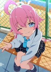 Rule 34 | 1girl, absurdres, ahoge, aqua necktie, between legs, black shoes, black skirt, blue archive, blue eyes, blush, chain-link fence, checkered clothes, checkered skirt, commentary request, crossed bangs, day, fang, fence, from above, hair between eyes, halo, hand between legs, hand up, head tilt, highres, hoshino (blue archive), long hair, long sleeves, looking at viewer, nana01 art, necktie, on bench, one eye closed, outdoors, pigeon-toed, pink hair, pink halo, school uniform, shirt, shoes, sidelocks, sitting, skin fang, skirt, smile, socks, solo, thighs, w, white shirt, white socks