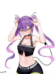 1girl armpits arms_up artist_name barbell_piercing bare_shoulders belt black_choker black_shorts black_tank_top blush breasts choker cleavage closed_mouth collarbone colored_inner_hair cowboy_shot crop_top demon_tail ear_piercing green_eyes hair_between_eyes hair_ornament hairclip highres hololive index_fingers_raised industrial_piercing long_hair looking_at_viewer medium_breasts midriff multicolored_hair nail_polish navel navel_piercing nin_fake o-ring o-ring_choker piercing pink_hair pointy_ears purple_hair red_nails short_shorts shorts sidelocks simple_background solo stomach streaked_hair tail tail_ornament tail_piercing tank_top tokoyami_towa tokoyami_towa_(1st_costume) twintails twitter_username two-tone_hair virtual_youtuber white_background white_belt
