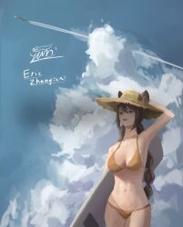 Rule 34 | 1girl, artist request, bikini, breasts, groin, hat, large breasts, looking up, lowleg, lowleg bikini, navel, smile, source request, straw hat, swimsuit, tagme