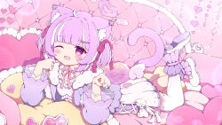1girl ahoge animal_ear_fluff animal_ears ankle_garter butterfly_hair_ornament cartoon_wings cat_ears cat_girl cat_tail choker clenched_hands commission detached_wings dress full_body fur-trimmed_jacket fur_trim hair_ornament hair_ribbon halo heart heart-shaped_pillow heart_hair_ornament heart_halo highres jacket jewelry long_sleeves looking_at_viewer lying medium_hair multicolored_hair multiple_rings on_stomach one_eye_closed open_clothes open_jacket open_mouth original pillow pink_choker pink_halo pink_nails pink_ribbon purple_eyes purple_hair purple_jacket ribbon ribbon_choker ring shoes skeb_commission smile solo streaked_hair tail thighhighs two-tone_hair two_side_up tyomimas variant_set white_dress white_hair white_shoes white_thighhighs white_wings wide_sleeves wings