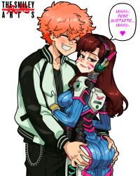 Rule 34 | 1boy, 1girl, artist logo, artist name, ass, blush, bodysuit, brown eyes, brown hair, commission, crossover, d.va (overwatch), facepaint, gloves, grabbing another&#039;s ass, groping, headphones, highres, hug, jacket, kawata nahoya, logo, looking down, orange hair, overwatch, smile, spanish text, speech bubble, sukajan, the smiley arts, tokyo revengers